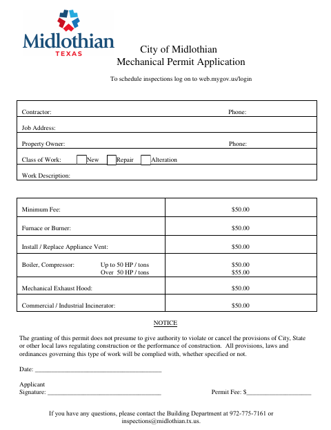 First page of the Mechanical Permit Application