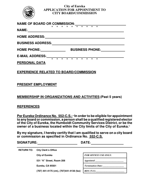 First page of the Application for Appointment to City Board or Commission