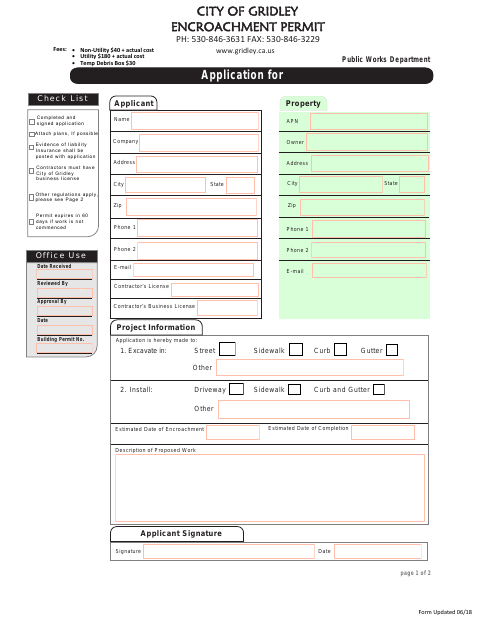 First page of the Encroachment Permit