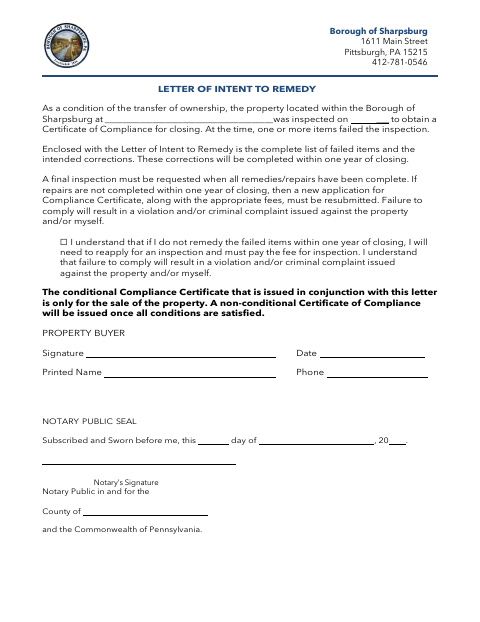 First page of the Letter of Intent to Remedy