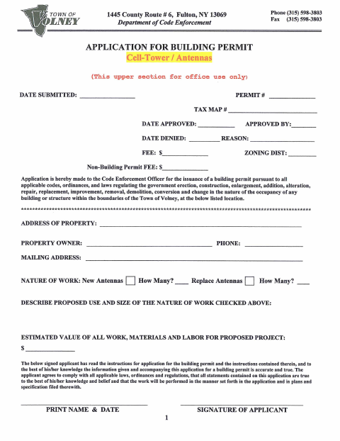 First page of the Cell Tower and Antenna Building Permit Application