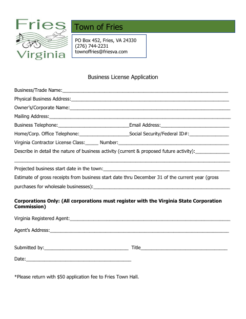 First page of the Business License Application