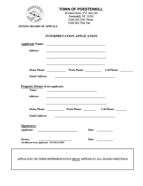 First page of the Zoning Board of Appeals Interpretation Application
