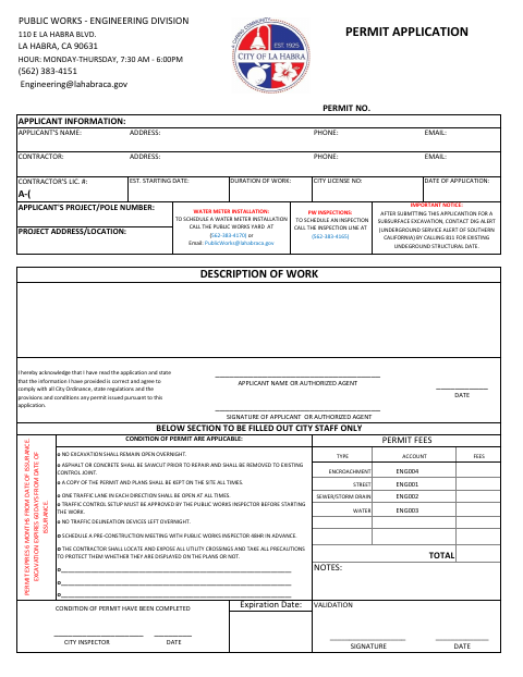 First page of the Encroachment/Excavation Permit Application
