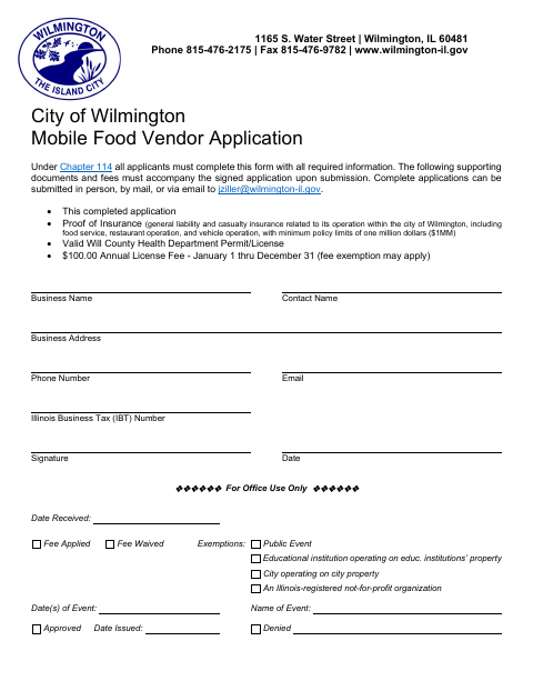 First page of the Mobile Food Vendor Application