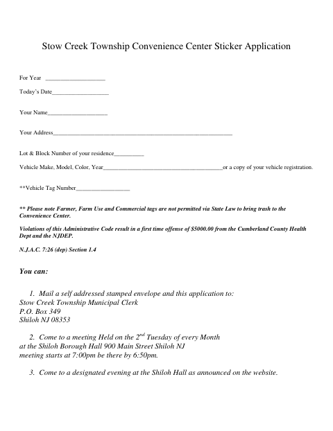 First page of the Convenience Center Sticker Application