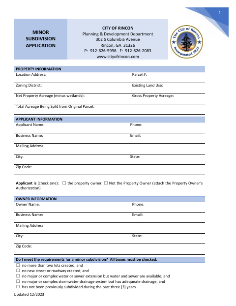 First page of the Minor Subdivision Application