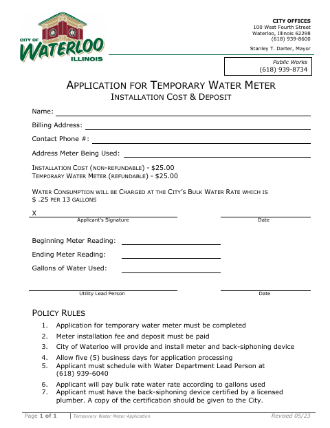 First page of the Temporary Water Meter Application