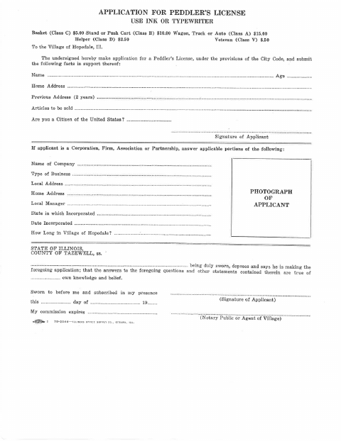 First page of the Peddler’s License Application