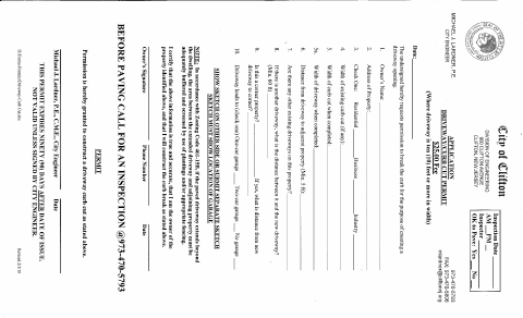 First page of the Driveway/Curb Cut Permit Application