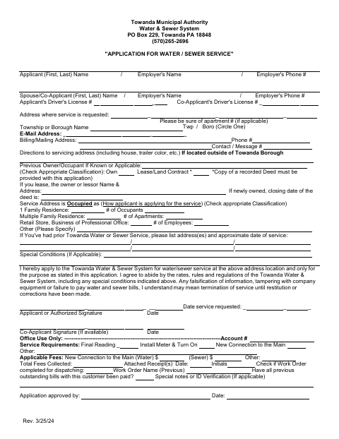 First page of the Application for Water / Sewer Service
