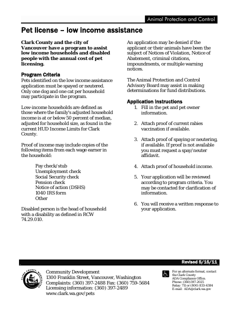 First page of the Pet License – Low Income Assistance