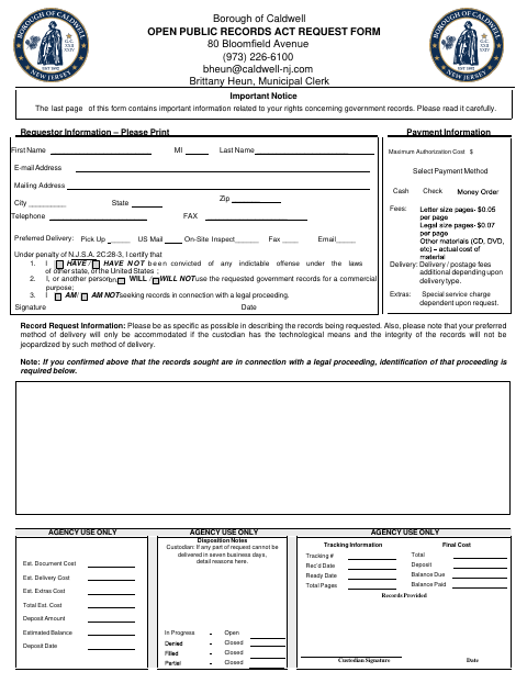 First page of the Open Public Records Act Request Form