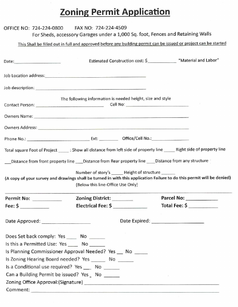First page of the Zoning Permit Application for Accessory Structures