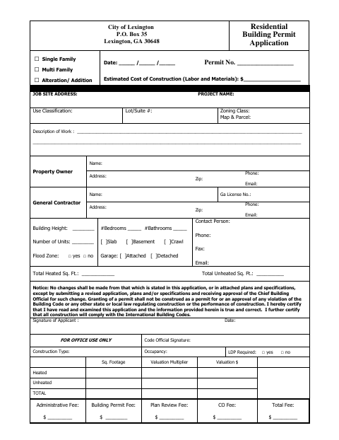 First page of the Residential Building Permit Application
