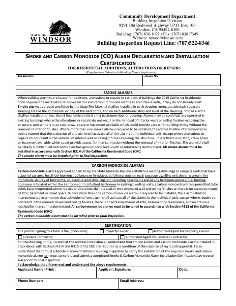 First page of the Smoke and Carbon Monoxide Alarm Declaration and Installation Certification