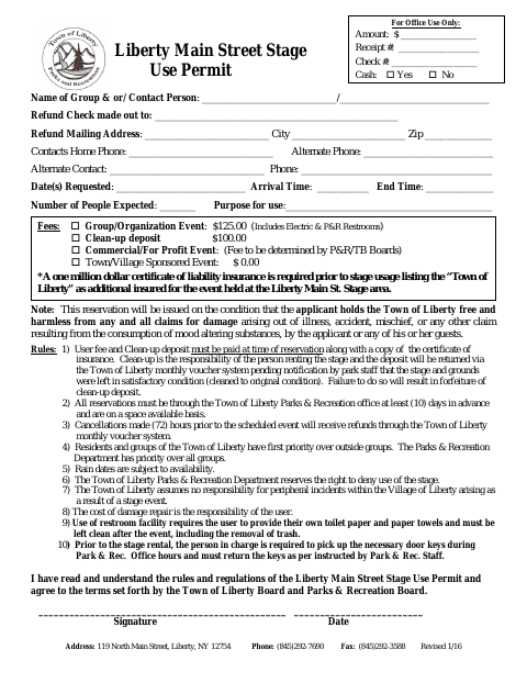 First page of the Liberty Main Street Stage Use Permit