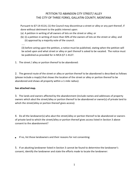 First page of the Petition to Abandon City Street or Alley