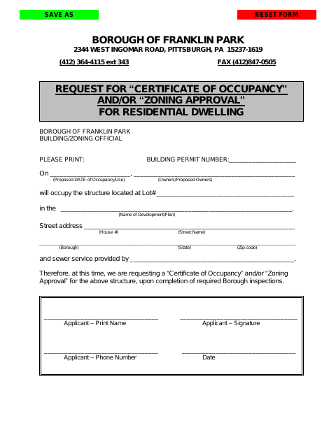 First page of the Certificate of Occupancy Application