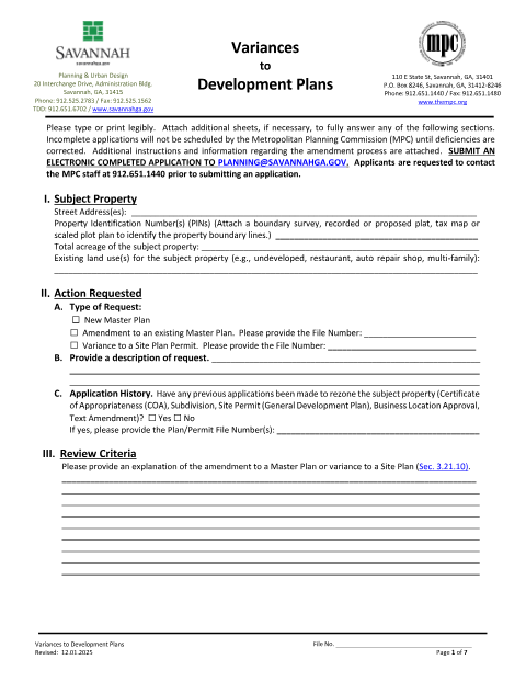 First page of the Variances to Development Plans