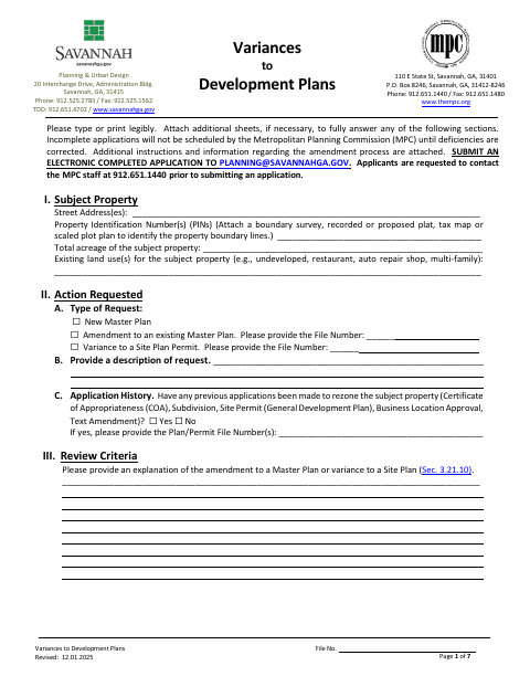 First page of the Variances to Development Plans