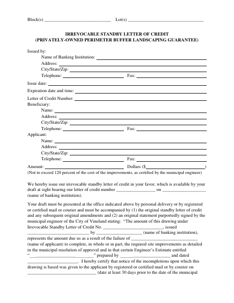First page of the Irrevocable Standby Letter of Credit for Privately-Owned Perimeter Buffer Landscaping Guarantee