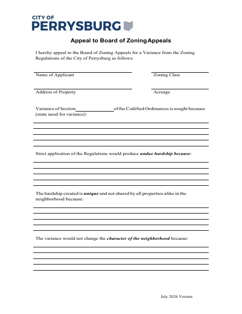 First page of the Appeal to Board of Zoning Appeals (Variance Application)