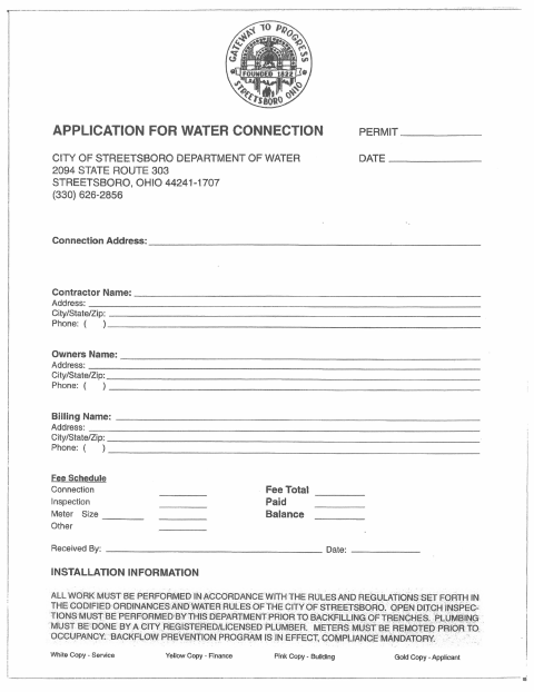 First page of the Water Connection Permit Application