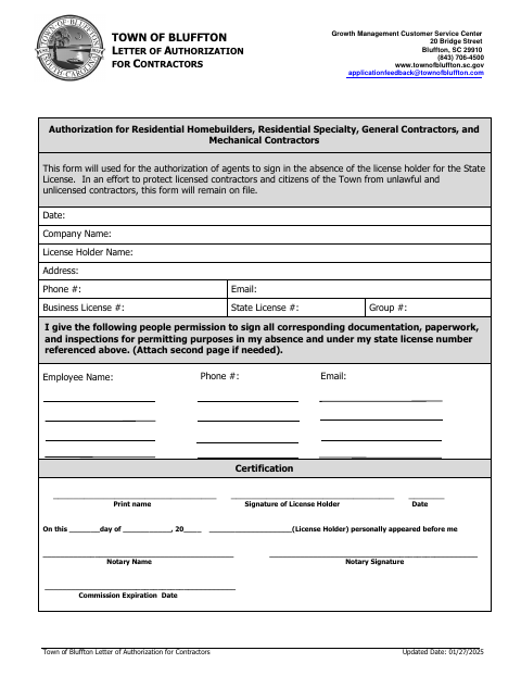 First page of the Letter of Authorization for Contractors