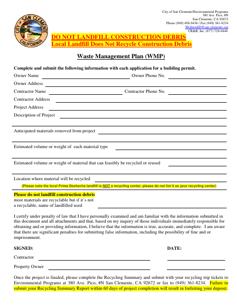 First page of the Waste Management Plan