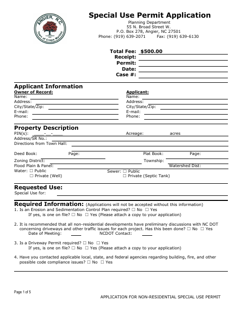 First page of the Application for Non-Residential Special Use Permit