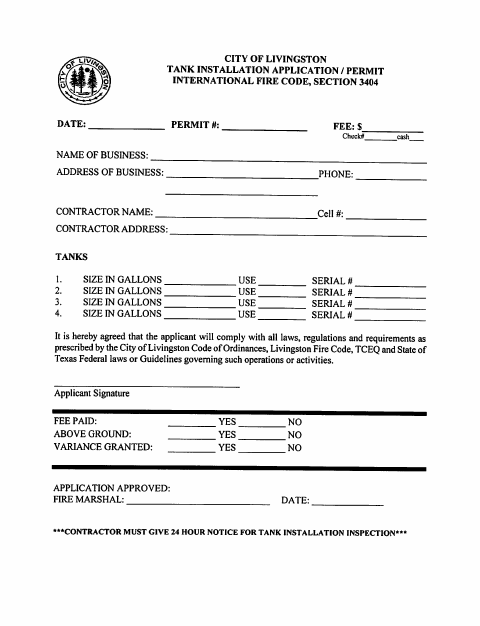 First page of the Tank Installation Application