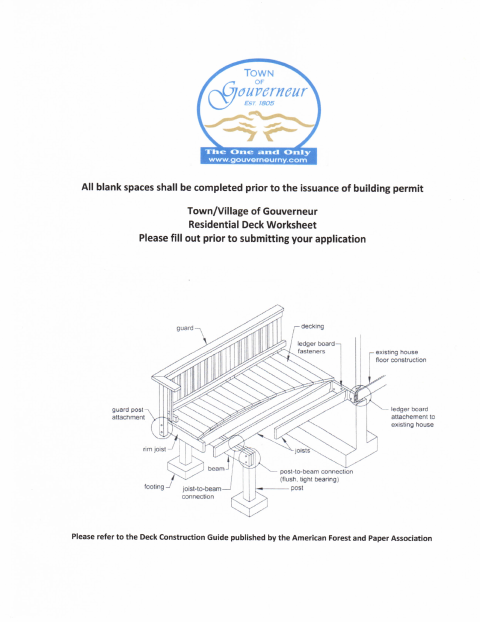 First page of the Residential Deck Worksheet
