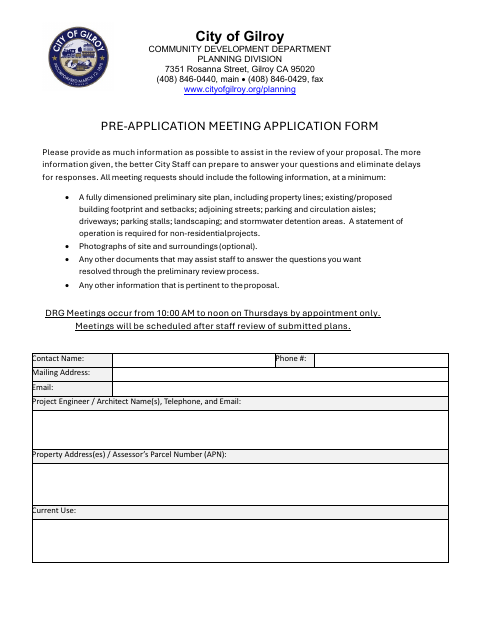 First page of the Pre-Application Meeting Application Form