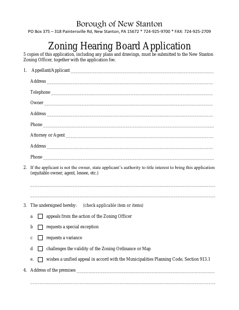 First page of the Zoning Hearing Board Application