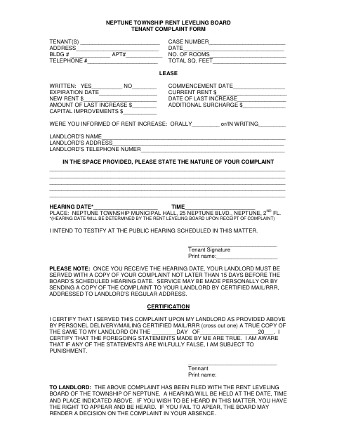 First page of the Tenant Complaint Form