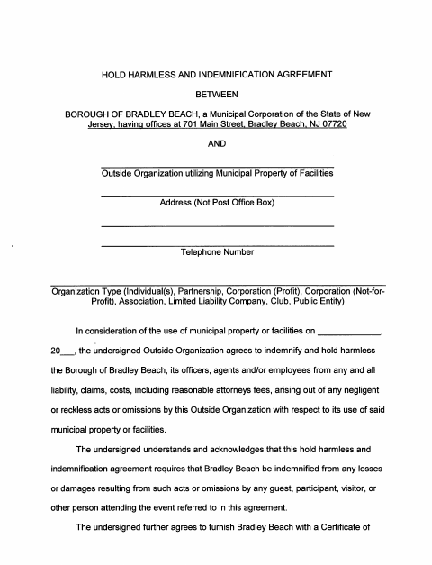 First page of the Hold Harmless and Indemnification Agreement