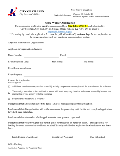First page of the Noise Waiver Application