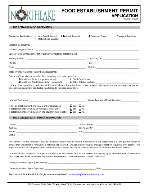 First page of the Food Establishment Permit Application