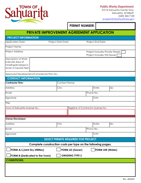 First page of the Private Improvement Agreement Application