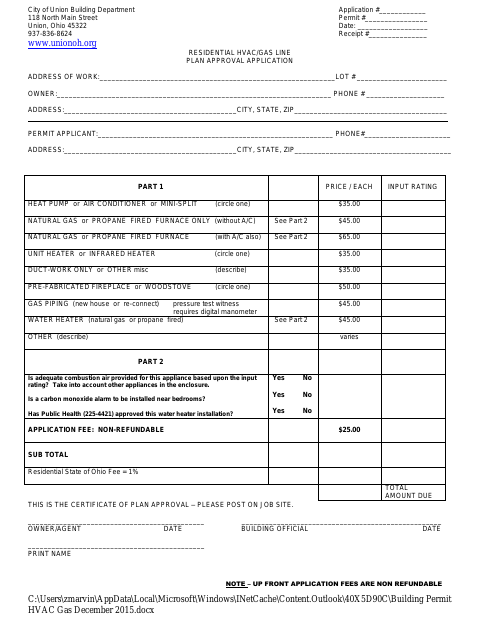 First page of the Residential HVAC/Gas Line Plan Approval Application