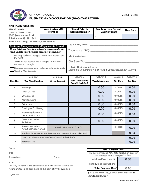 First page of the 2024–2026 Business and Occupation (B&O) Tax Return