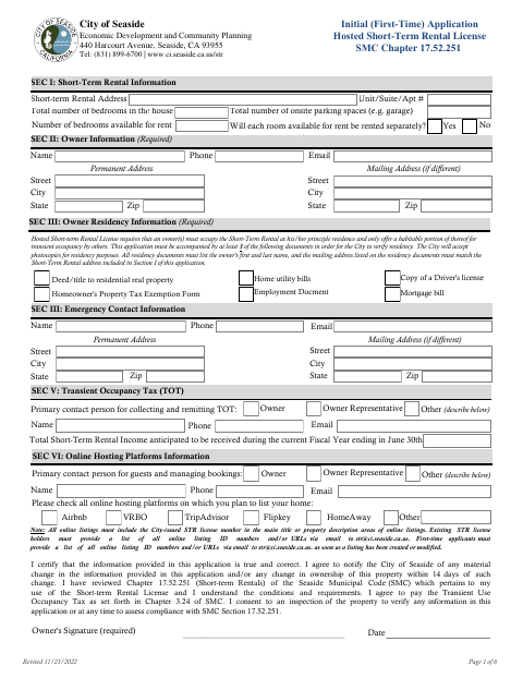 First page of the Hosted Short-Term Rental License Application