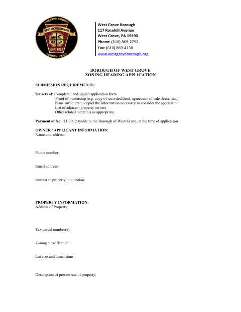 First page of the Zoning Hearing Application