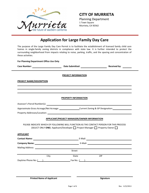 First page of the Application for Large Family Day Care