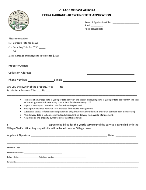 First page of the Extra Garbage - Recycling Tote Application