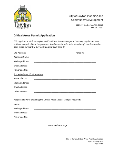 First page of the Critical Areas Development Permit Application