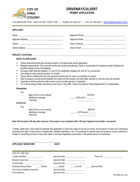 First page of the Driveway/Culvert Permit Application