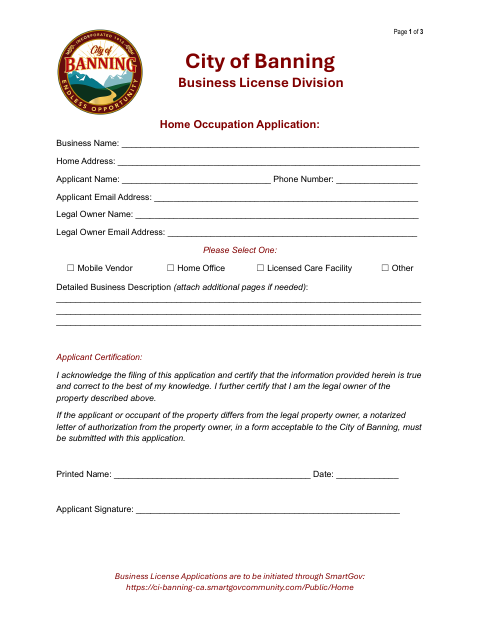 First page of the Home Occupation Application