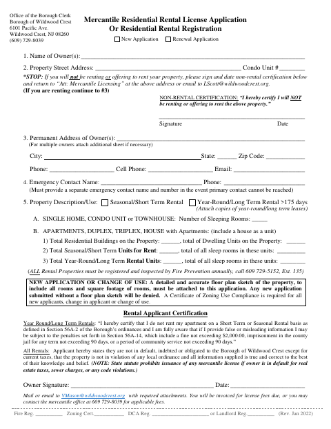 First page of the Mercantile Residential Rental License Application or Residential Rental Registration